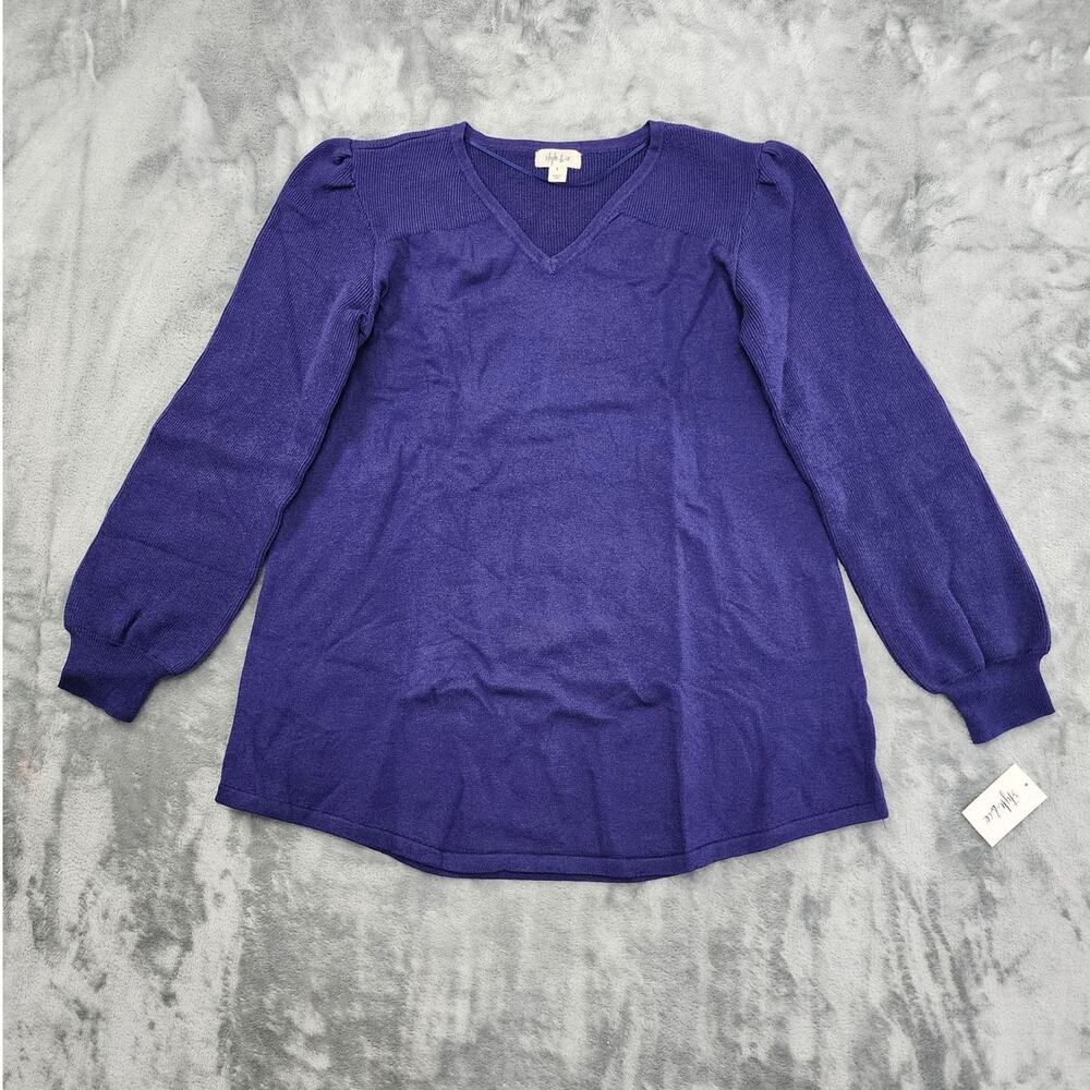 NEW Style&Co Sweater‎ Womens S Purple Puffy Shoulder V-Neck Tunic Cotton Stretch